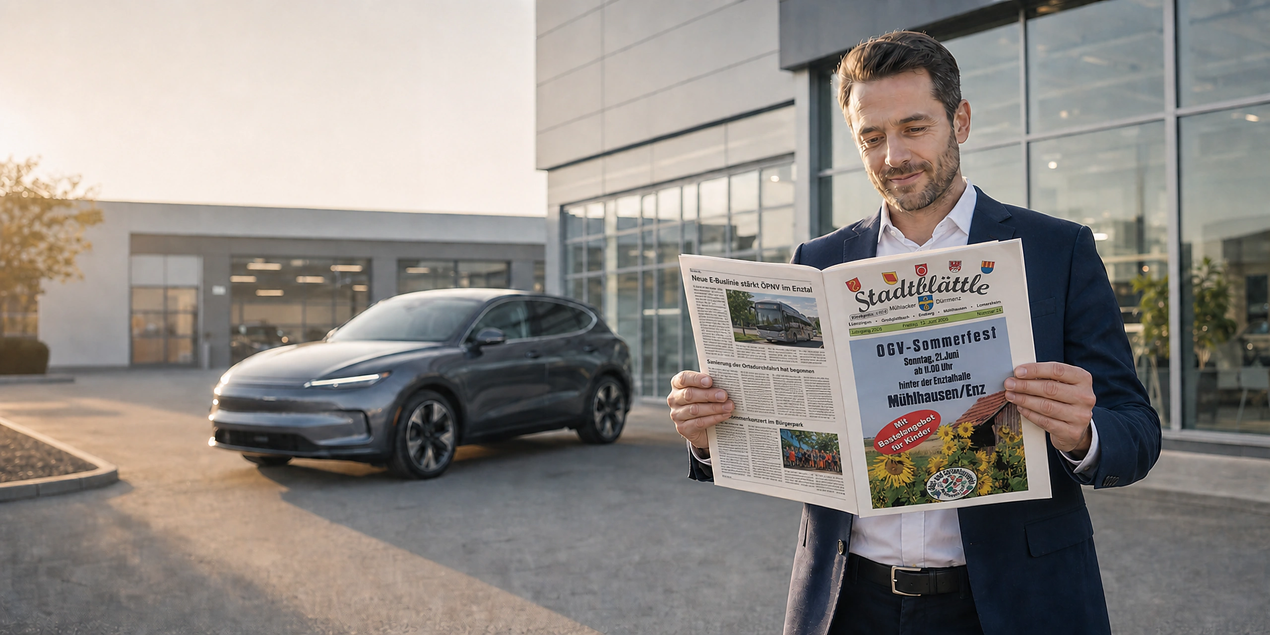 Leser mit einem aufgeklappten regionalen Stadtblättle im DIN-A4-Format vor einem Autohaus