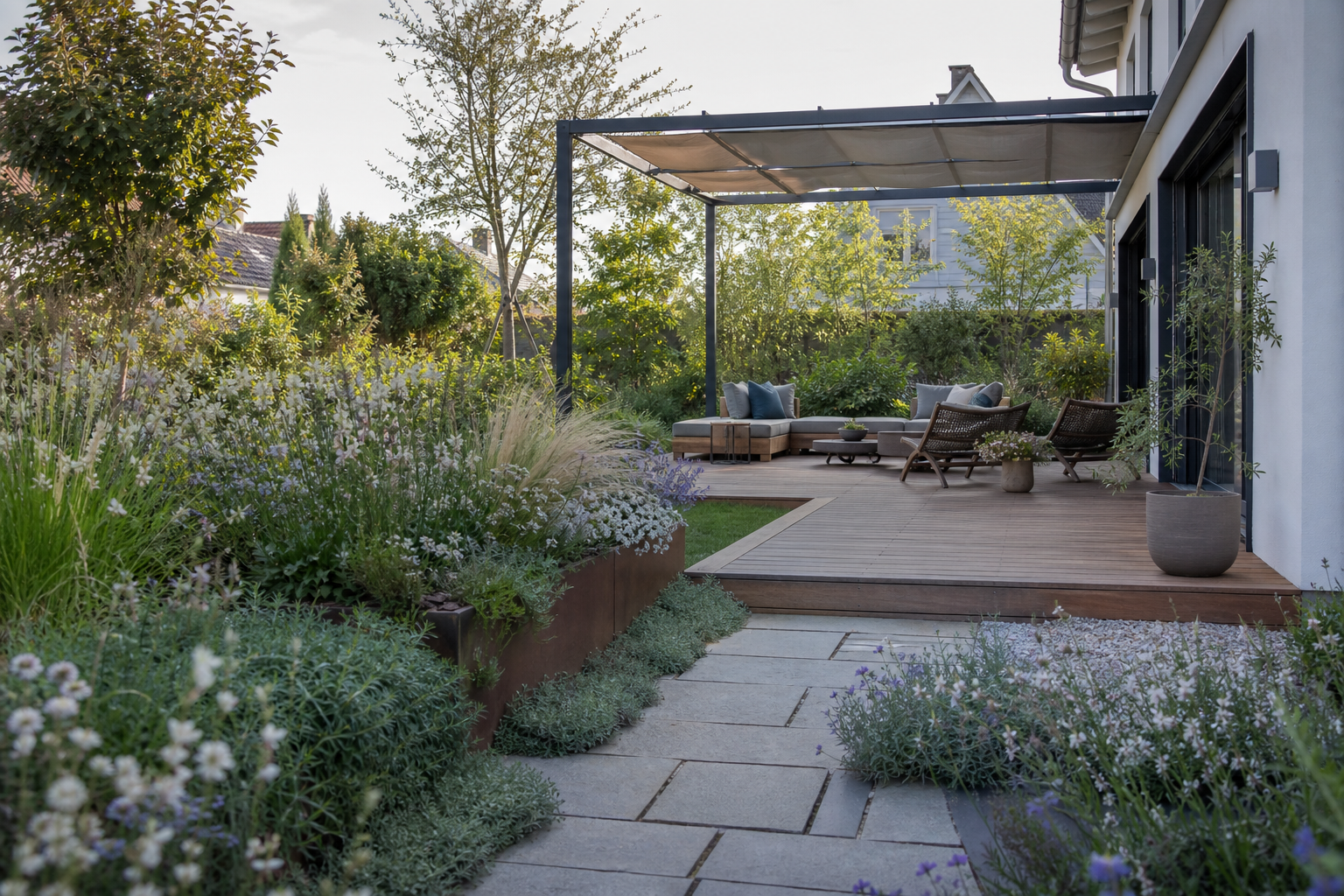 Modern gestalteter Garten als Inspiration für Bauen und Wohnen