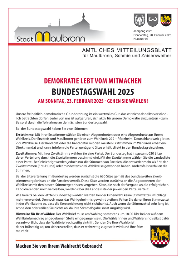 Mehr über den Artikel erfahren Maulbronn KW 8