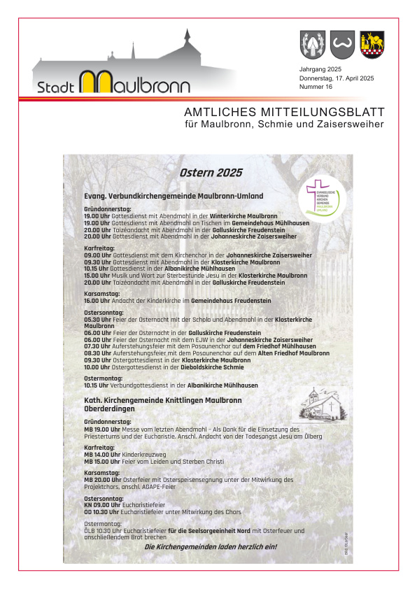 Mehr über den Artikel erfahren Maulbronn KW 16