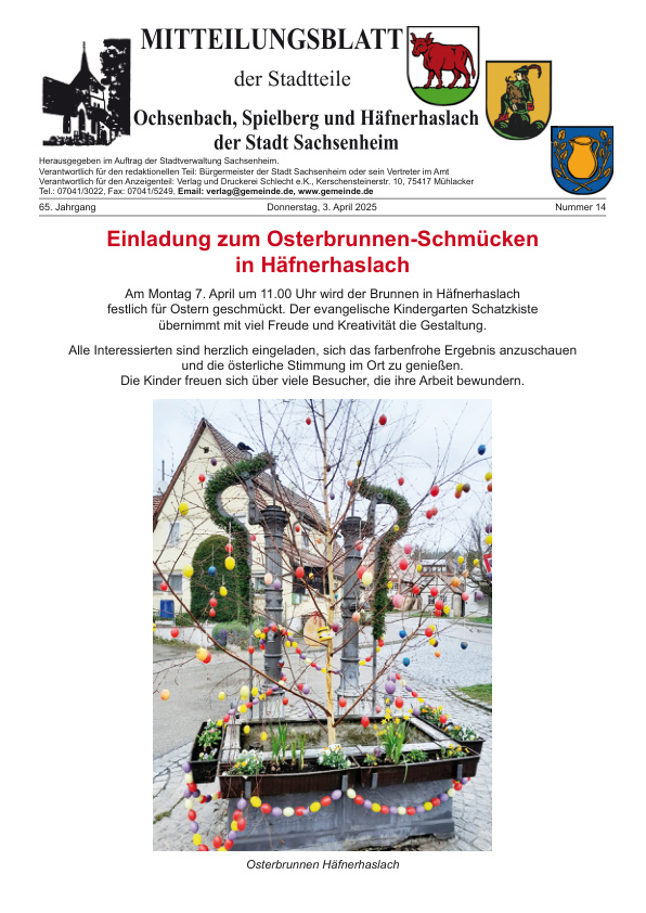 Mehr über den Artikel erfahren Ochsenbach/Spielberg/Häfnerhaslach KW 14
