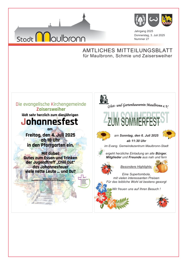 Mehr über den Artikel erfahren Maulbronn KW 27