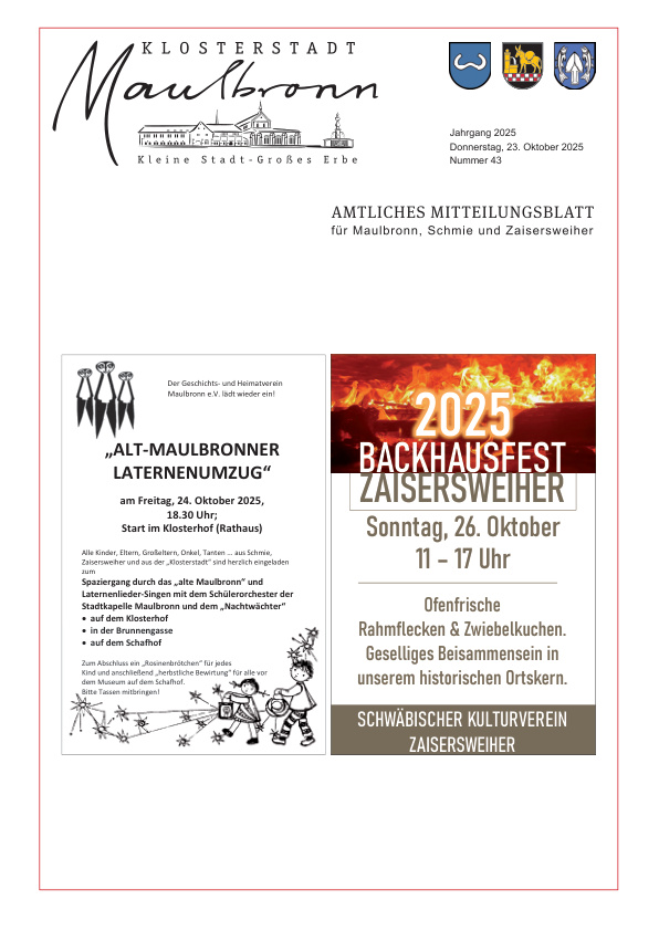 Mehr über den Artikel erfahren Maulbronn KW 43